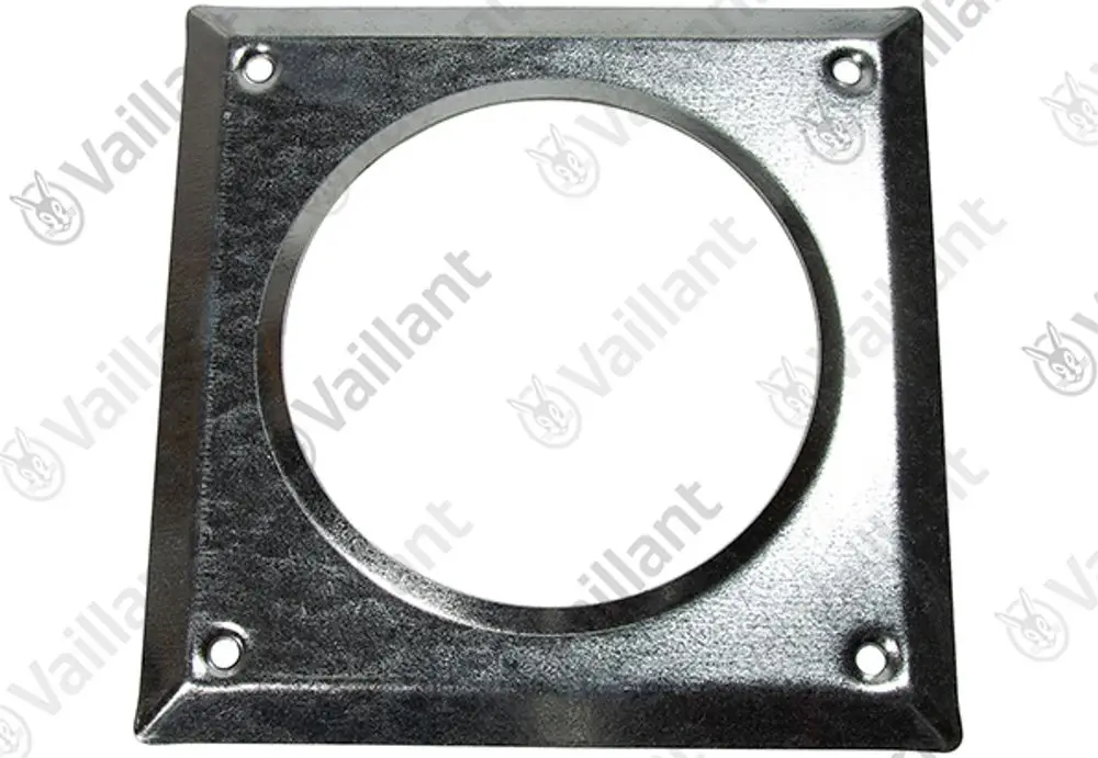 Metallische Rosette mit quadratischem Rahmen und rundem Innenteil, zur Verwendung mit Vaillant BW-Systemen. Montageschrauben sind vorhanden.